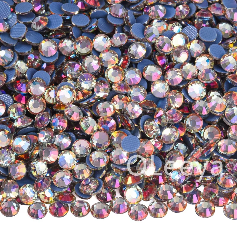 OLeeya Wholesale Free Samples Glass Hot fix Crystals Metallic Moonlight hot fix SS6-SS30 Iron On Rhinestone For Garment