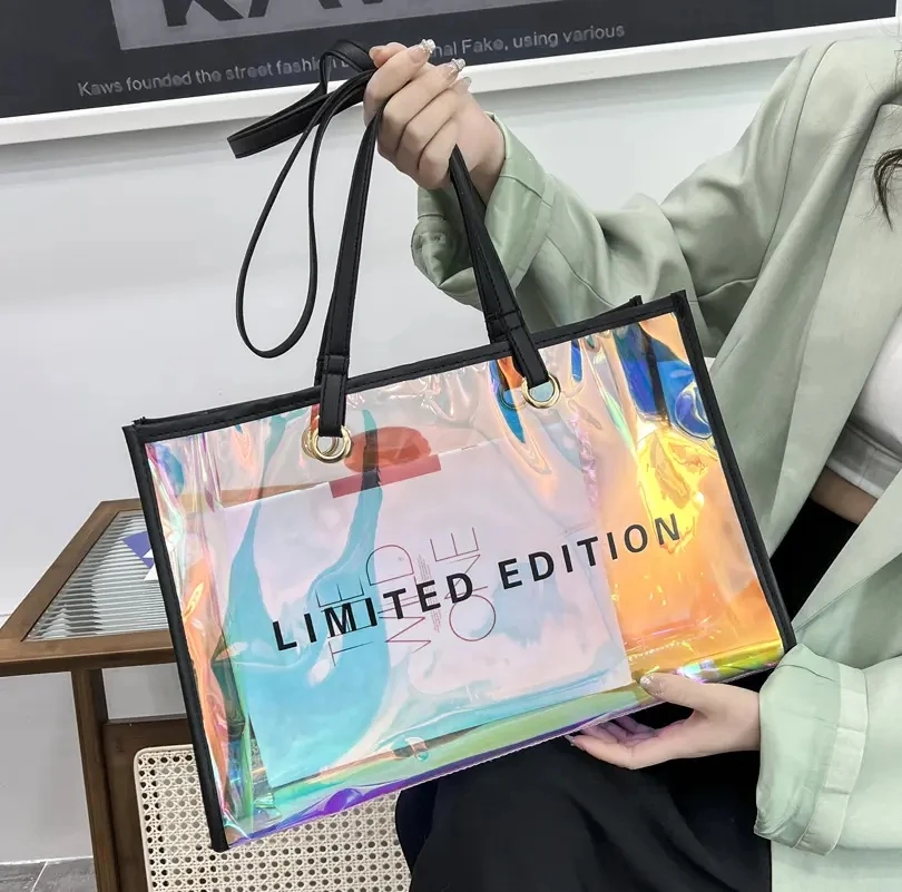 Custom logo gift beach travel tote PVC PU leather handle shopping shoulder tote bag for outside shopping