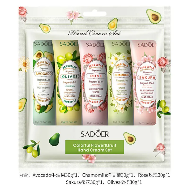 SADOER Fruit  Avocado Fruit Grapefruit Hand Cream Moisturizing Nourishing Anti Chapping Oil Control Hand Care Shea Butter 5pcs
