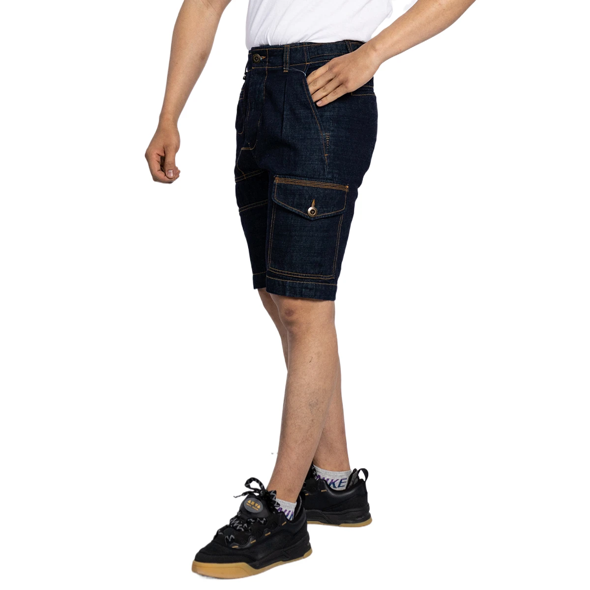 Factory Wholesale Dark Blue Muti Pockets Cargo Shorts for Men Designer Patchwork Denim Shorts
