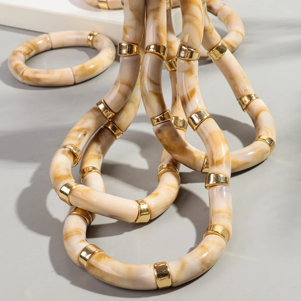 2024 Resin Shell Marble Multilayer Jewelry Gold Plated Copper Spacer Creative 3 PCS Tube Beads Bracelet Necklace Set for Women
