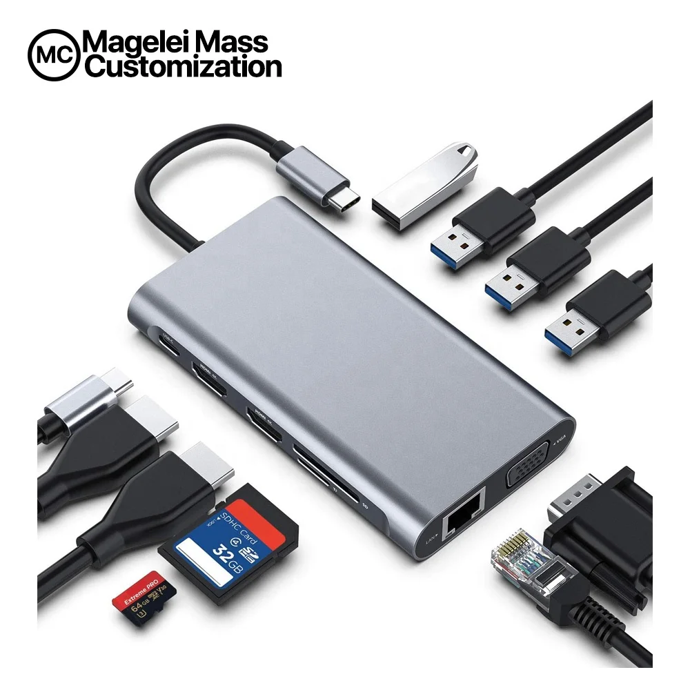 Usb-концентратор Dual Core 4K HDMI VGA 4 порта USB 100W PD RJ45 Ethernet/SD/устройство для считывания с tf-карт 11 в 1 взаимный обмен данными между компьютером и периферийными устройствами Type C концентратор док-станция