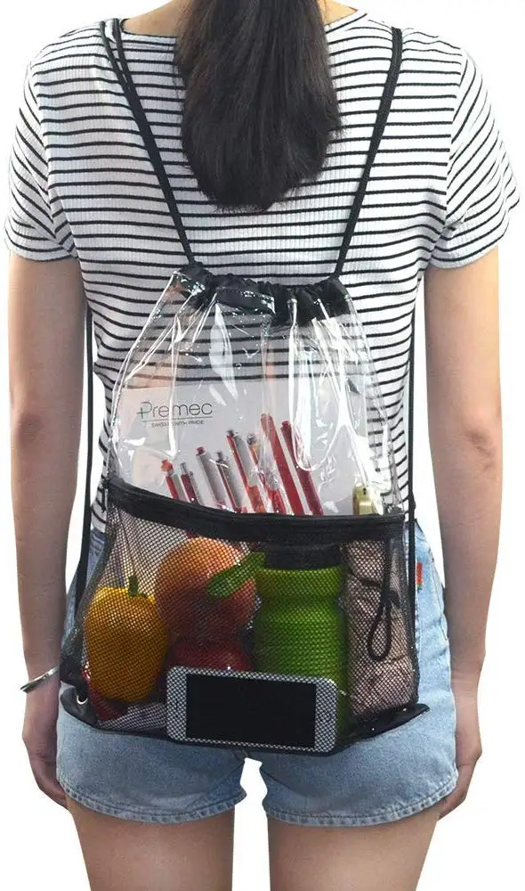 Drawstring Bag Front Zipper Mesh Pocket Travel Schoolbag PVC Drawstring Backpack