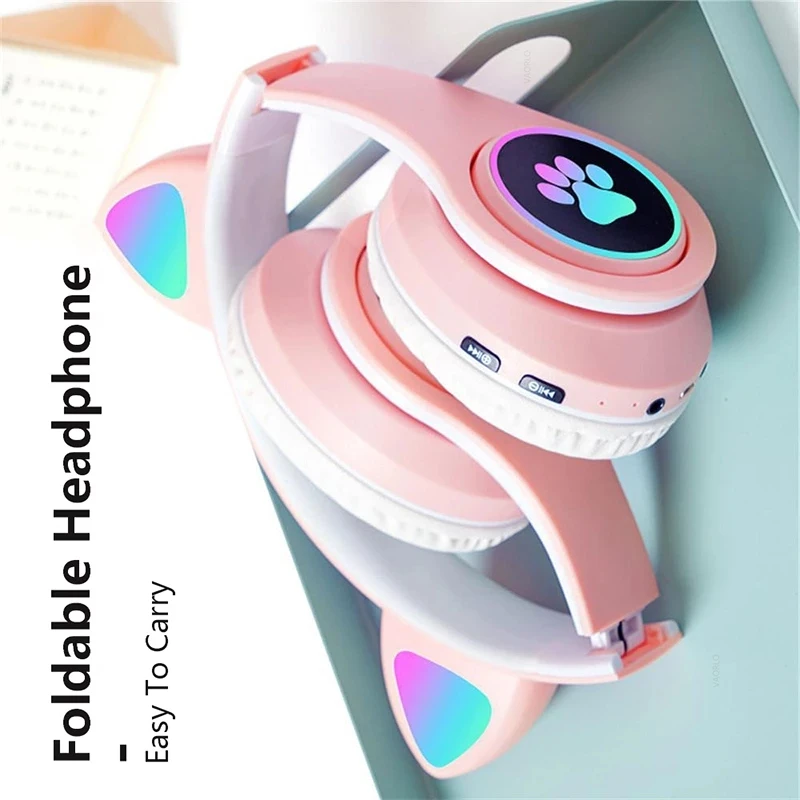 STN28 Flash Light Cute Cat Ear Headphones Wireless with Mic Can close LED Kids Girls Stereo Phone Music B39 Headset Gamer Gift