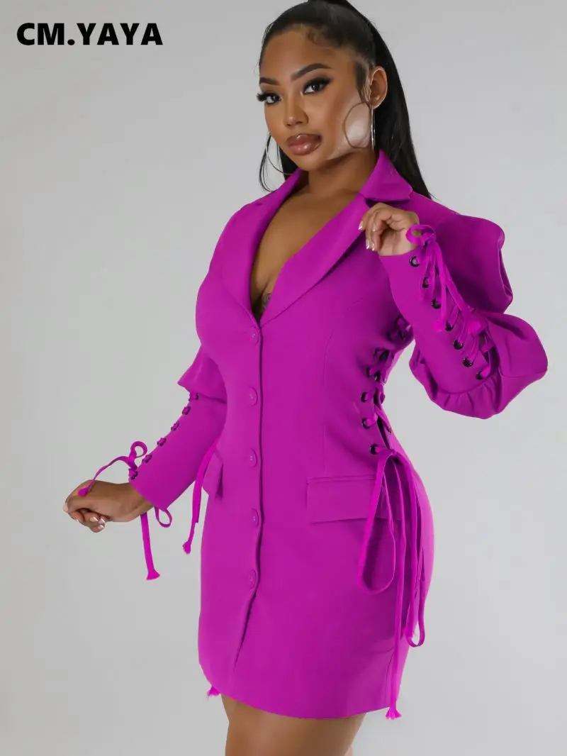 CM.YAYA Women Eyelet Lace Up Lantern Long Sleeve Single Breasted Lapel Neck Blazer Style Midi Dress for Winter Autumn Ins Tops