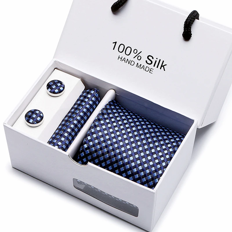 New Woven Classic Men Tie Necktie T Navy Blue Plaid  Silk Tie  Handkerchief Cufflinks Tie Set