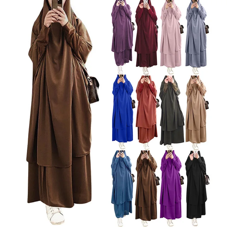 2025 New Muslim Dubai Islamic Clothing EID Women 2 piece Nida Robe Khimar Jilbabs and muslim Skirt Ramadan Prayer Dress Abaya