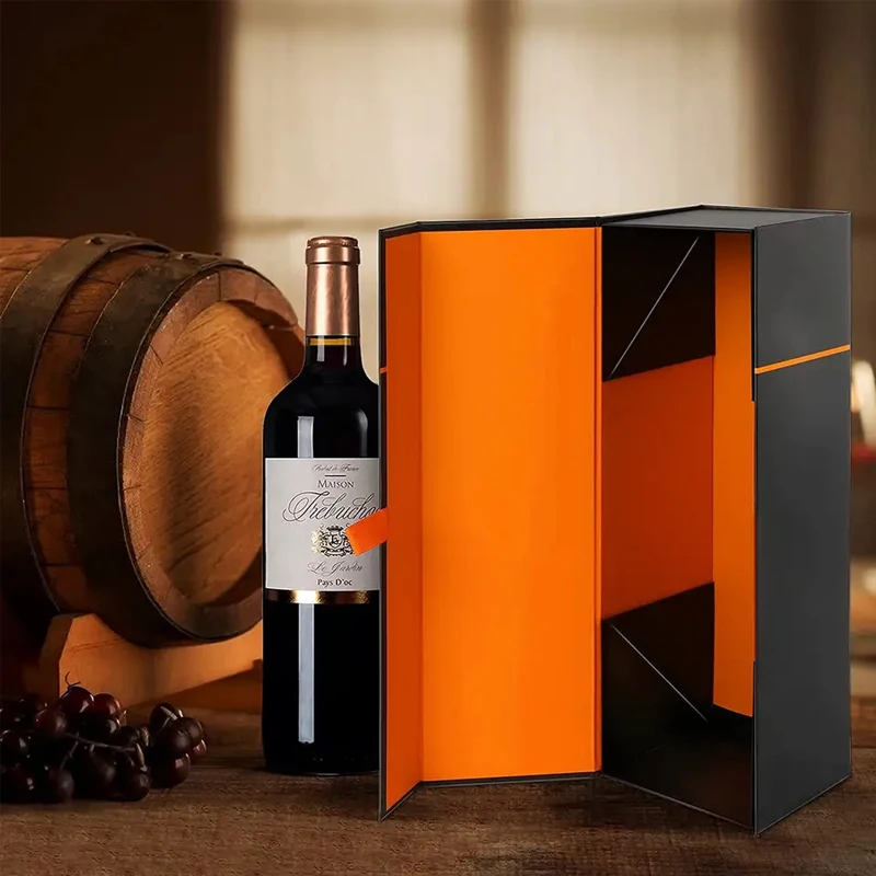 Custom logo black luxury red wine magnetic paper folding box foldable packing wine bottle packaging gift wine box