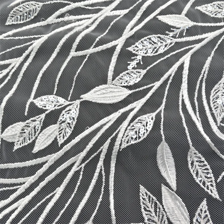 Leaf Branch Colour Custom Bridal Sexy Ivory White Exquisite Wedding Dress Design Sequin Tulle  Embroidery Lace Fabric