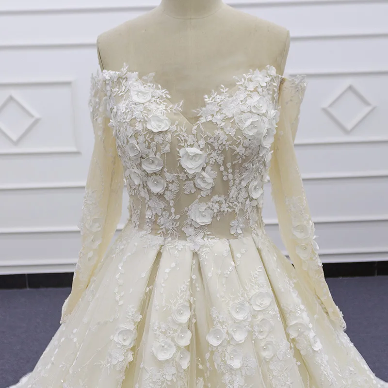 Eslieb SJ105-2 real photo wholesale price champagne sweetheart long sleeve 3D flower lace wedding dress ball gown