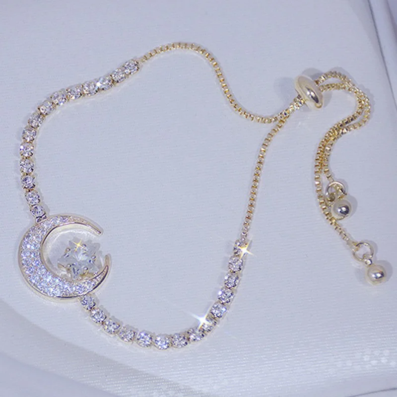 2021 New Arrival Delicate Zircon Adjustable Bling Cubic Moon Star Charm Bracelet Jewelry Women For Party