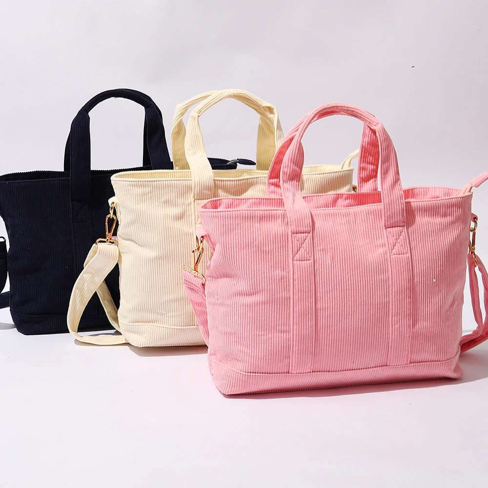 Large Capacity Travel Sports Daily Use Long Adjustable Straps Corduroy Handbags Woman Handbags Ladies Tote Bag Corduroy Tote Bag