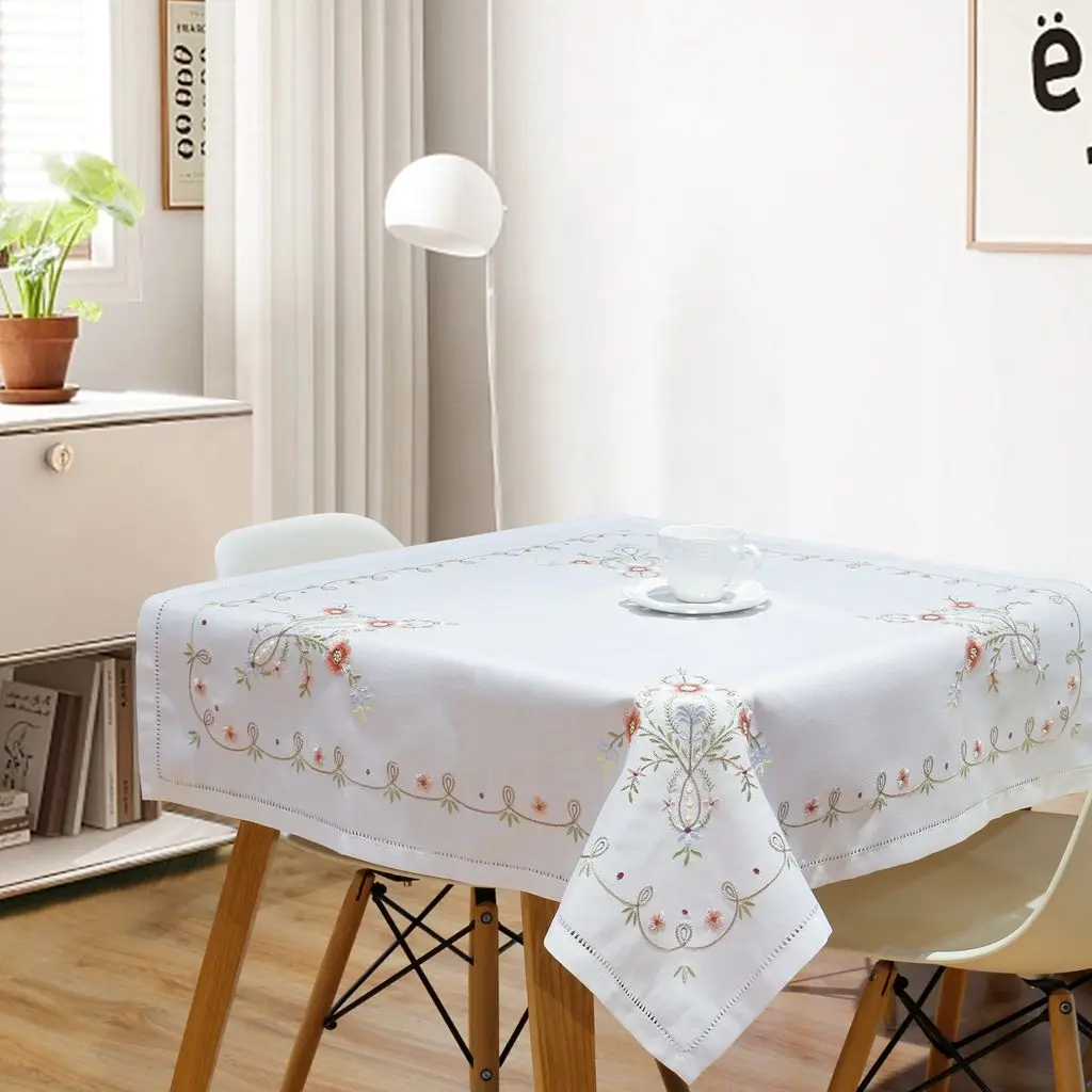 OEM/OEM Multi-size Embroidered  Table Cloths Handmade Hemstitch Table Cover Linen-look Fabric Table Cloth