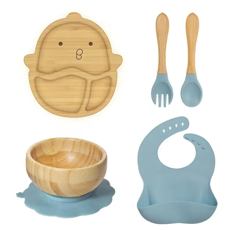Hot Sale Bamboo Suction Plate Silicone Baby Tableware BPA Free Animal Baby Feeding Set With Spoon Fork