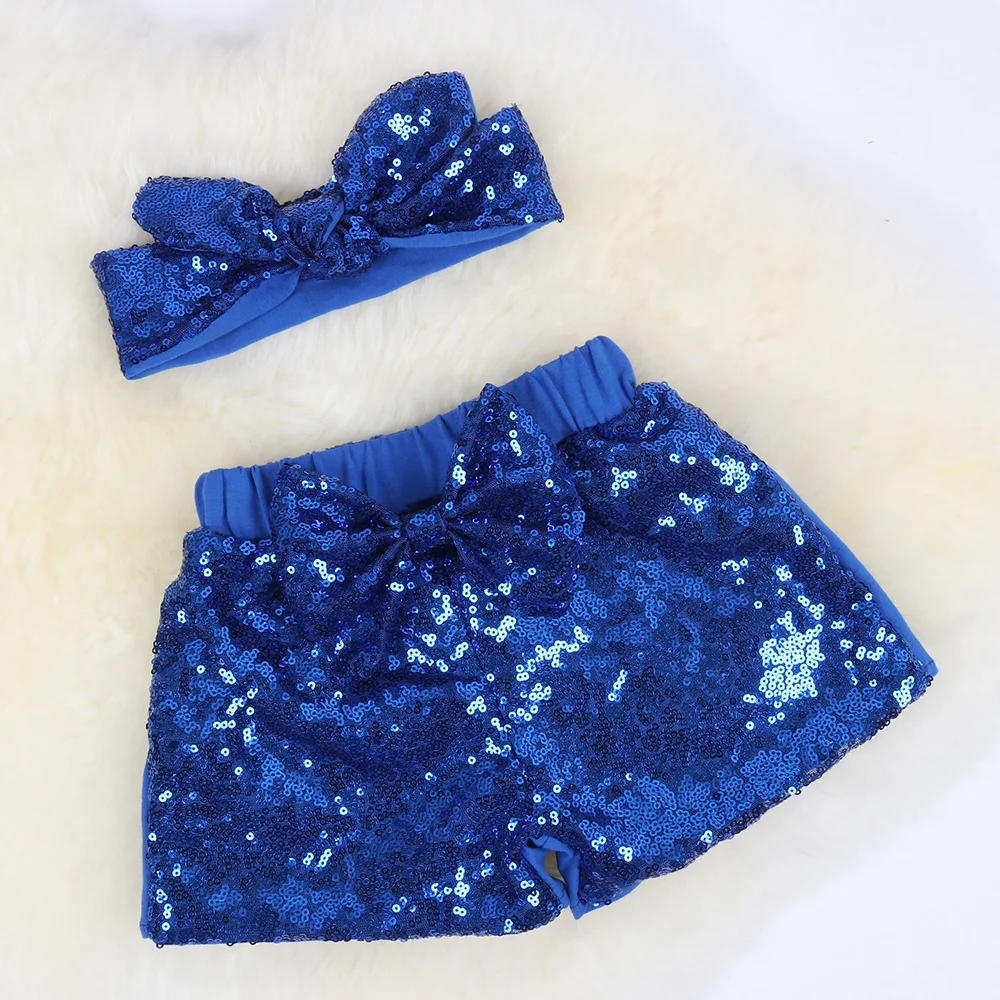 Rainbow Baby Girls Sequin Shorts Summer Toddlers Birthday Short Pants Glitter On Both Side With a Rabbit Headband Casual Outfits
