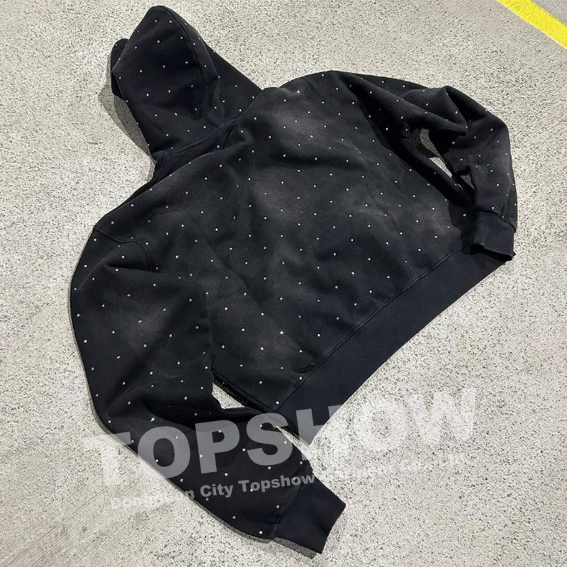 Custom Rhinestone Logo Acid Wash Vintage Streetwear Pullover Puff Print French Terry Sun Faded Rhinestone Hoodies