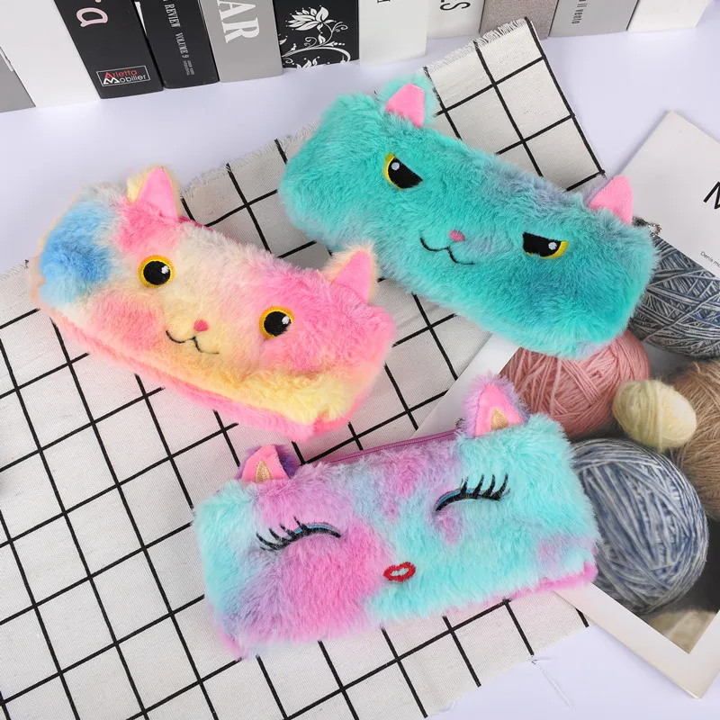Lovely Gradient Cat Plush Pencil Case Kids Kawaii Hologram Pencil Bag Creative Stationery