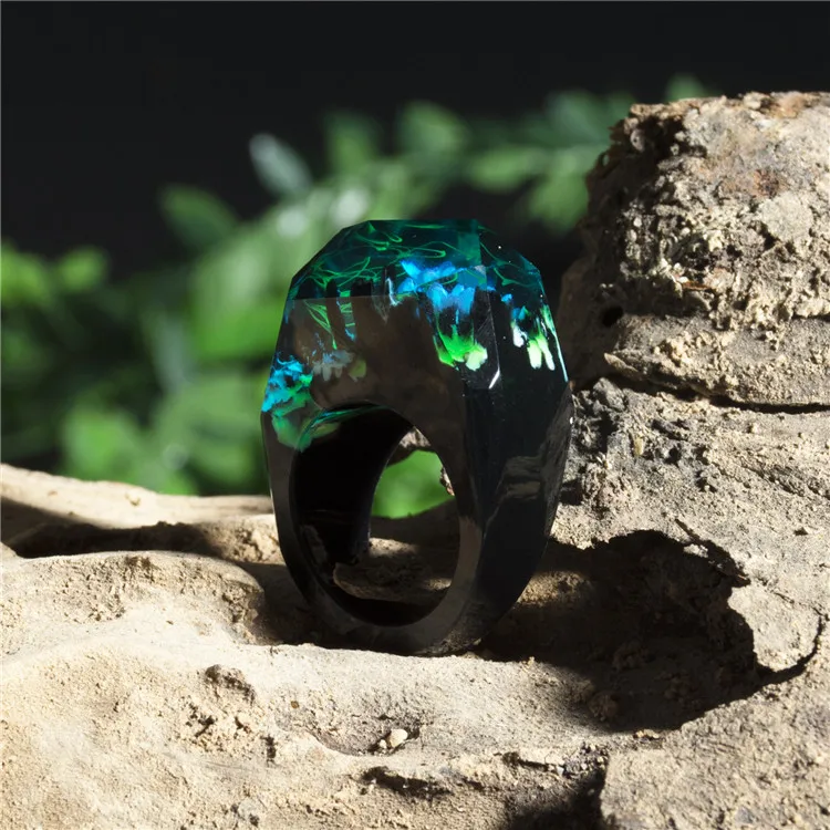 Handmade Wood Jewelry Magic Wood Gift Natural Scenery Epoxy Resin Wooden Rings for Women