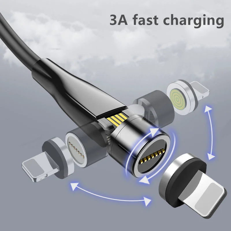  Лидер продаж usb-кабель 3 в 1 с поворотом на 540 градусов Micro/8pin/Type C 3A магнитный кабель для быстрой зарядки мобильного