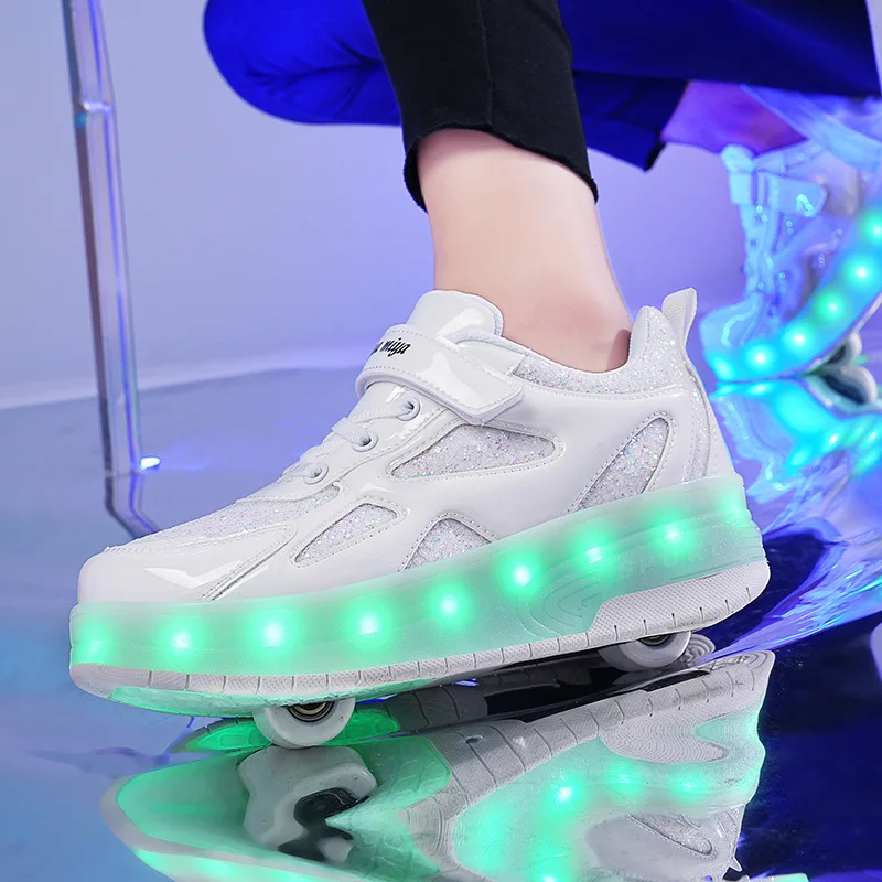 Wheeled Skate Sneaker Shoes Boys Girls Kids USB LED Light Up Roller Shoes