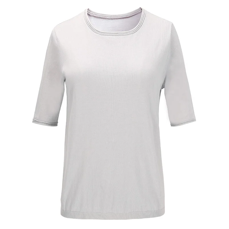 High quality fashion office lady O-neck embroidered T-shirt grey