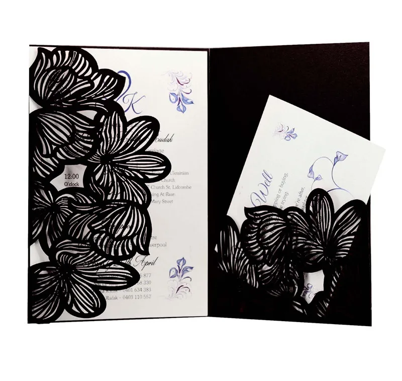 Black Trifold laser cut invitations Wedding Invitation Cards Pockets Laser Cut Flora Greeting Card for for Wedding Bridal Shower