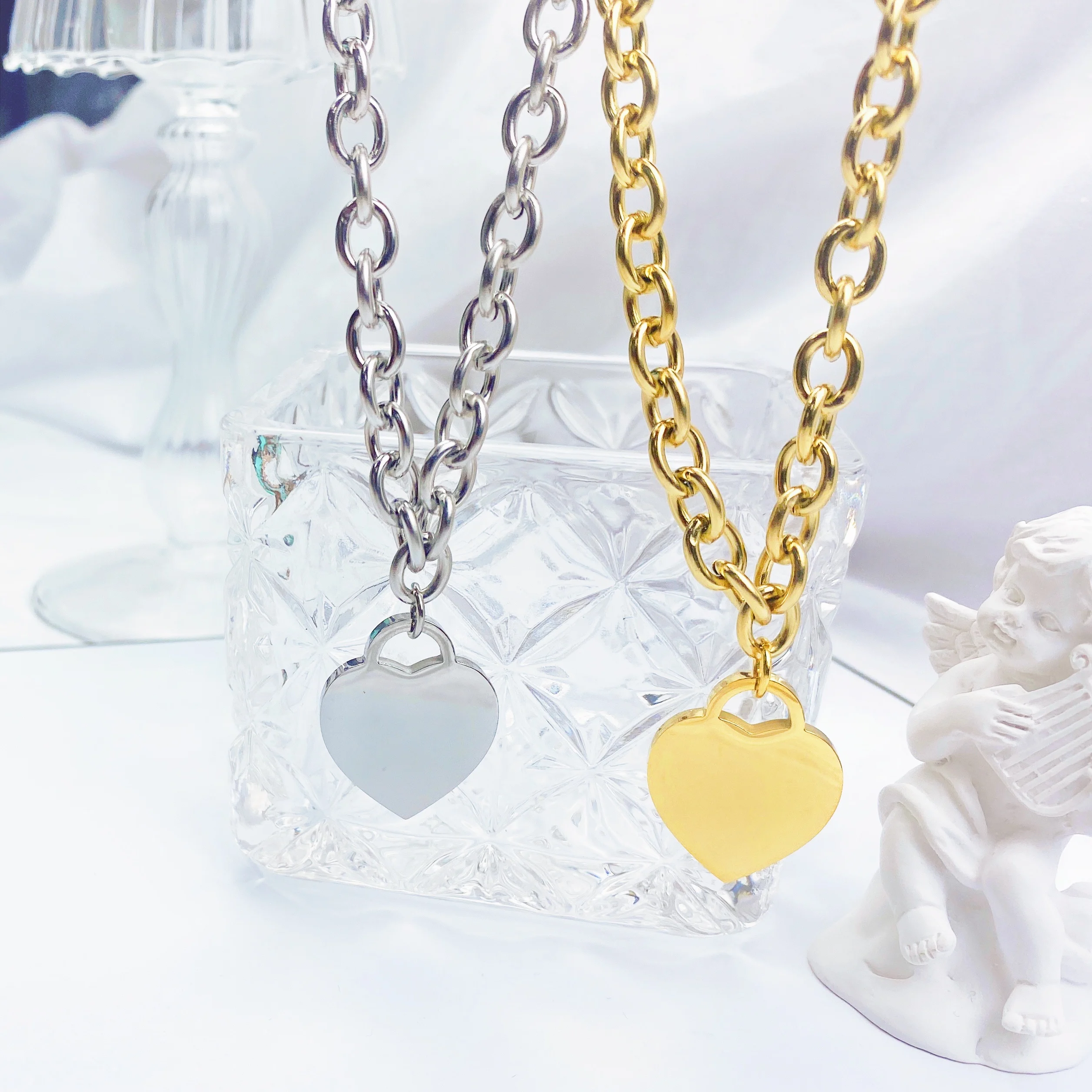 Surgical Steel Heart Pendant Necklace Lady Long Compound Chain Layer 18K Gold Necklace Jewelry Gift