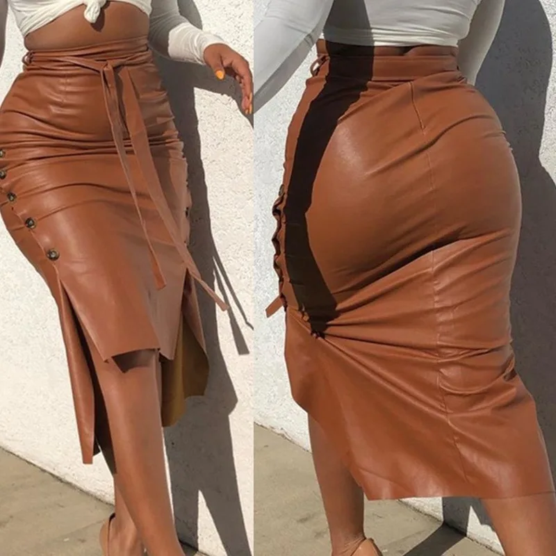 Autumn And Winter Leather Skirt Hot Sale Slit Slim Bag Hip Skirt Pu Skirt