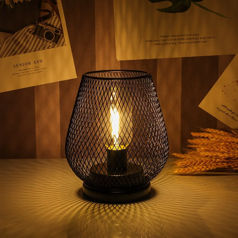 Battery-Powered LED Lantern Metal Cage Table Lamp with Edison LED Light Bulb for Indoor Decorations and Coffee Bar Table Decor