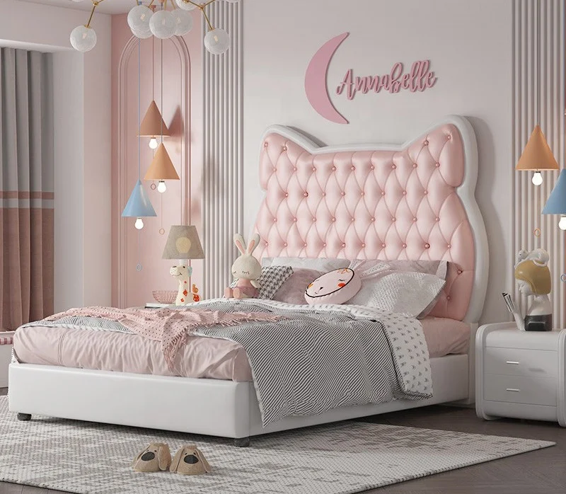 NOVA Nordic Style Light Luxury Children Bedroom Girl Princess Bed Leather Cartoon Cat Shape Upholstered Headboard Kids Girls Bed
