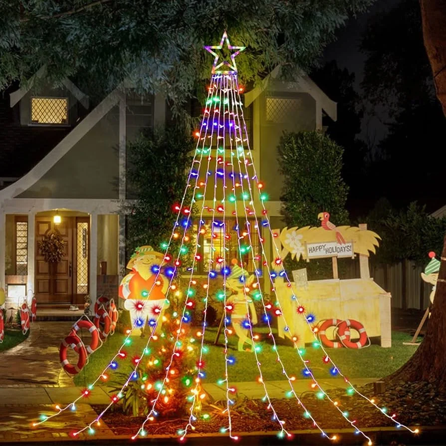Color Changing Christmas Tree Lights Colorful Outdoor String Lights with Ring Remote Control Waterfall Twinkle Fairy Lights