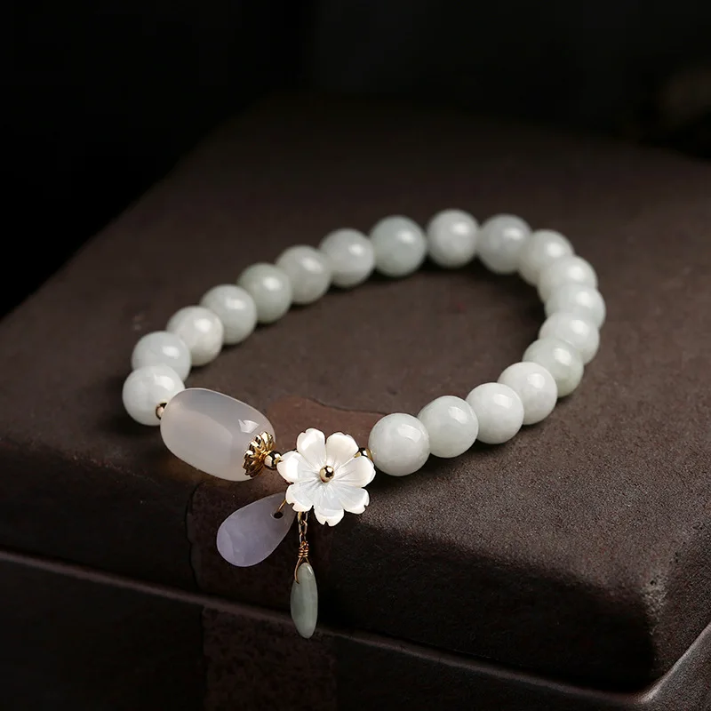 Original high-grade natural jadeite 14K gold shell flower water drop gemstone chakra jade bracelet