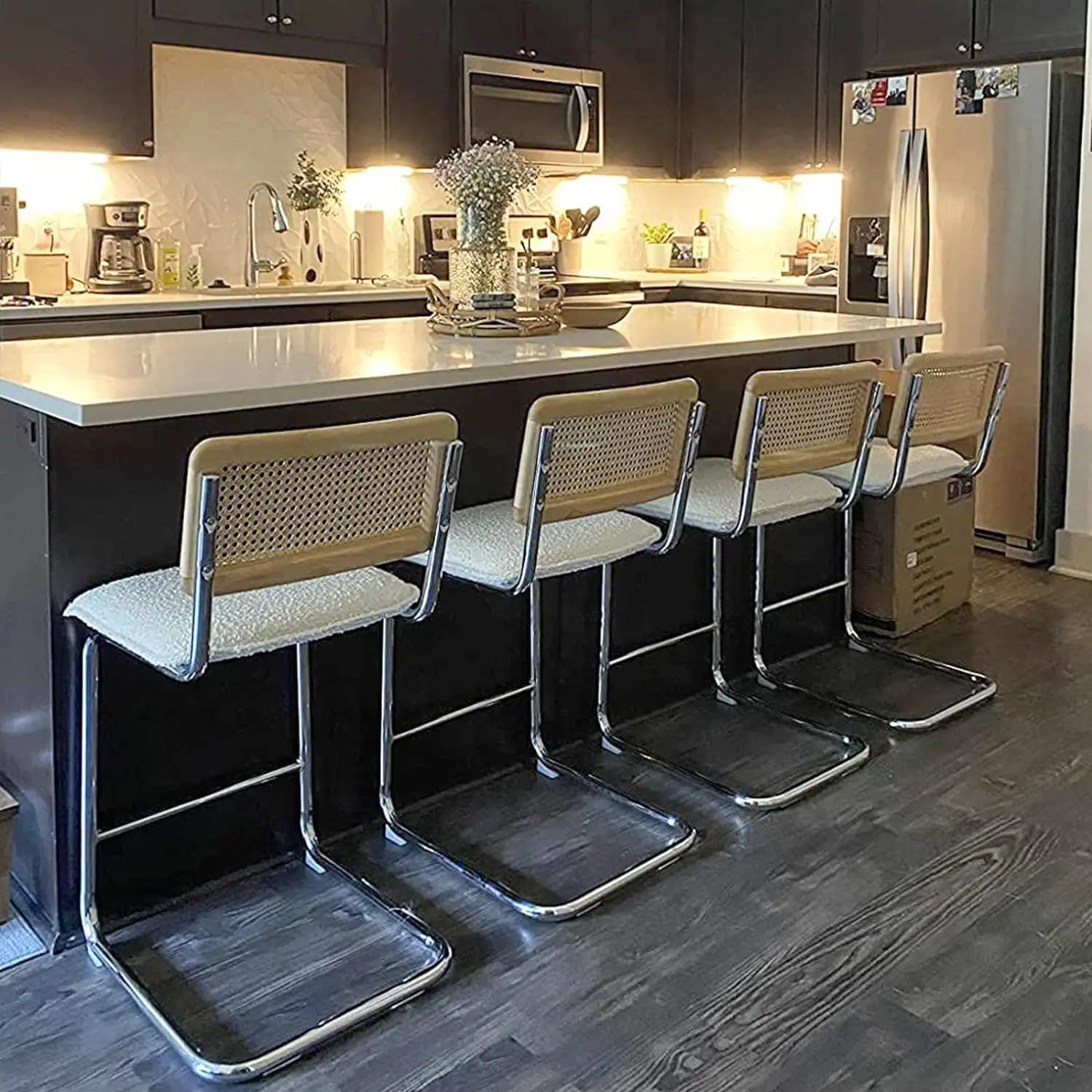 Factory Price Woven Cane Backrest Boucle Fabric Cushion Counter High Bar Stool Chair with Chrome Metal Legs