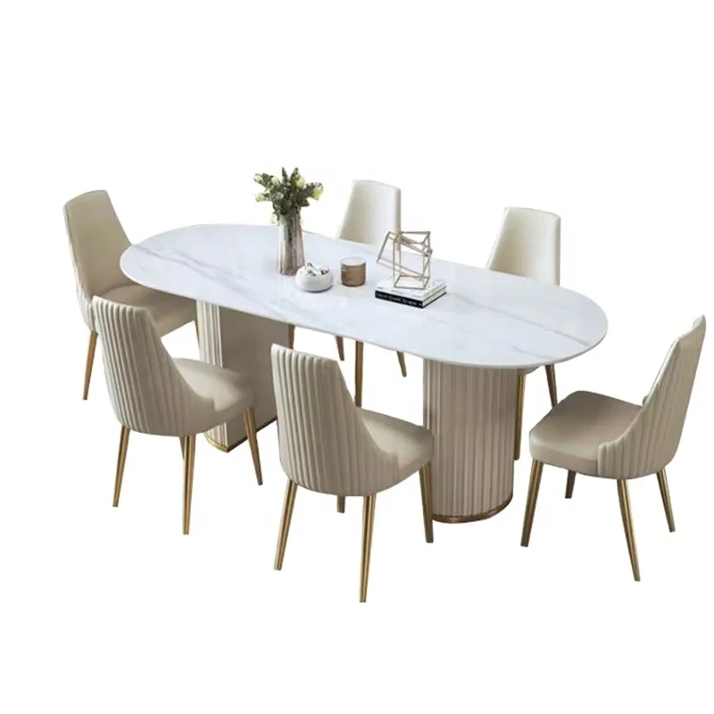 Nordic Modern Style Home Design Light Luxury Tables Leather Stainless Steel Base With White Marble Top 6 Seater Dining Table