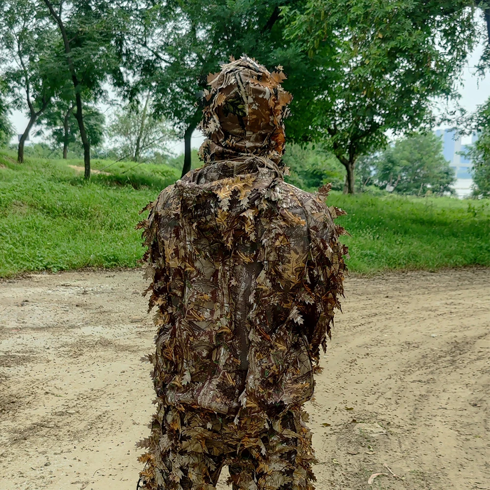 New Mens Lightweight 3D Leaf Hooded Camouflage Ghillie Suit Breathable Hunting Suit for Jungle Hunting Shooting