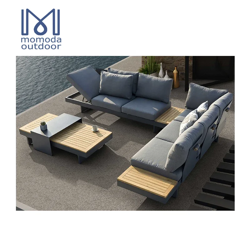 all weather European modern living room outdoor furniture grey fabric sectional corner modular garden patio sofas set