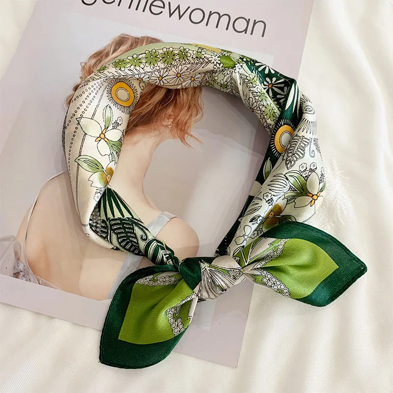 12mm 100% Silk Scarf Mint Green Flowers Printed Design Square Satin Silk Scarf 53*53cm