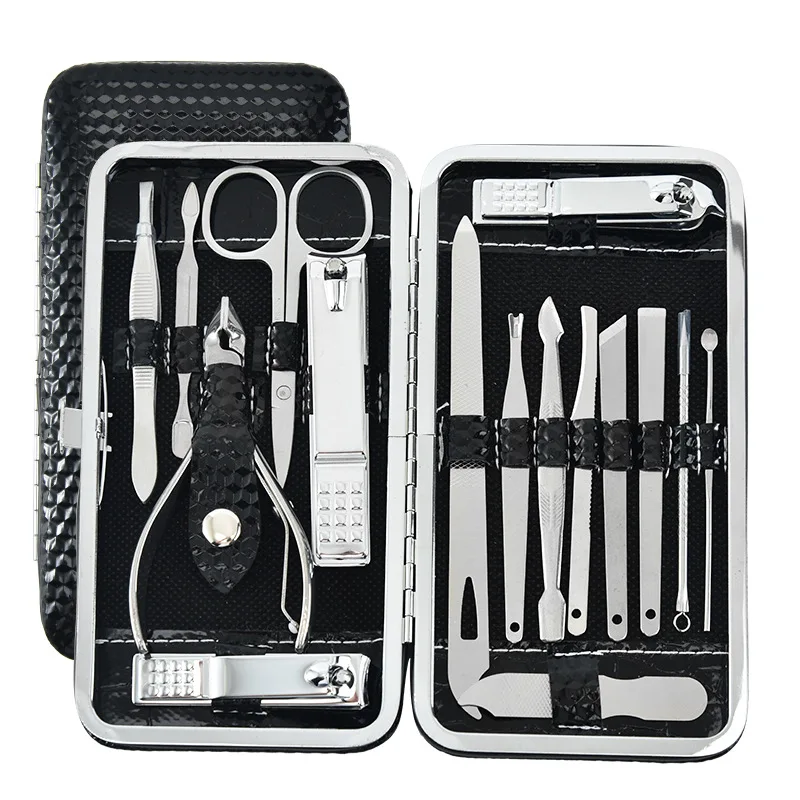 Nail Manicure Inner Blue Leather Case Set Festival Gift Black 18 Piece Stainless Steel Manicure Pedicure Set Kit