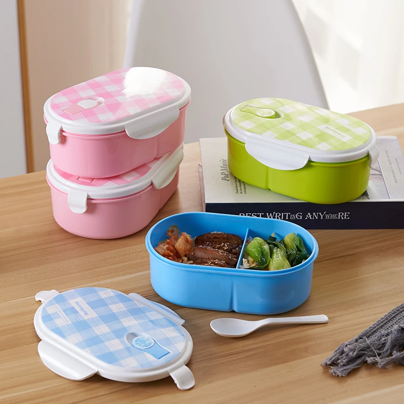 Герметичный пластиковый Ланч-бокс овальной формы с 2 отделениями без бисфенола А, детский Ланч-бокс, Ланч-бокс bento с ложкой для рекламы