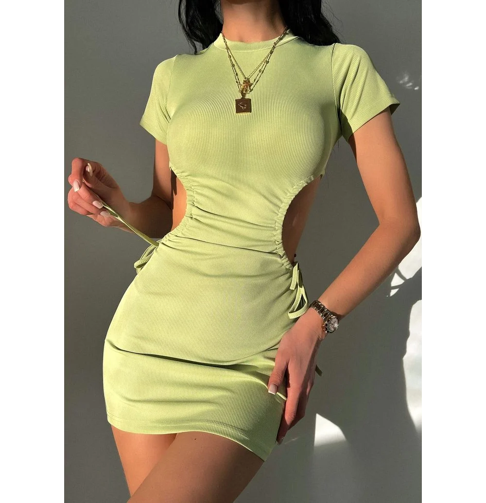 Womens Clothing Sexy Mini Dress Drawstring Fashion Rib Knit Bandage Bodycon Summer T Shirt Skirts For Women