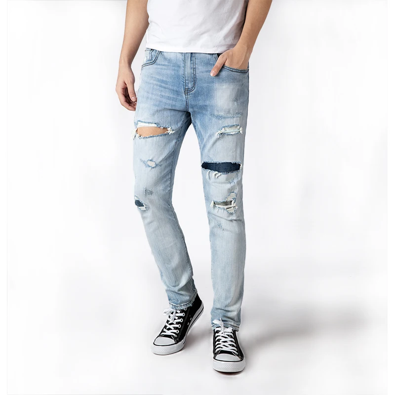 2020 stock jeans original denim jeans manufacturer blue aged wash slim fit button fly ripped biker jeans men with cheap price