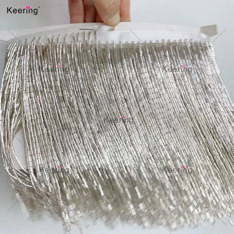 Small MOQ Fast Shipping Keering In Stock Dress Glass Ribbon fringe beaded tassel trim 15cm For Shirt