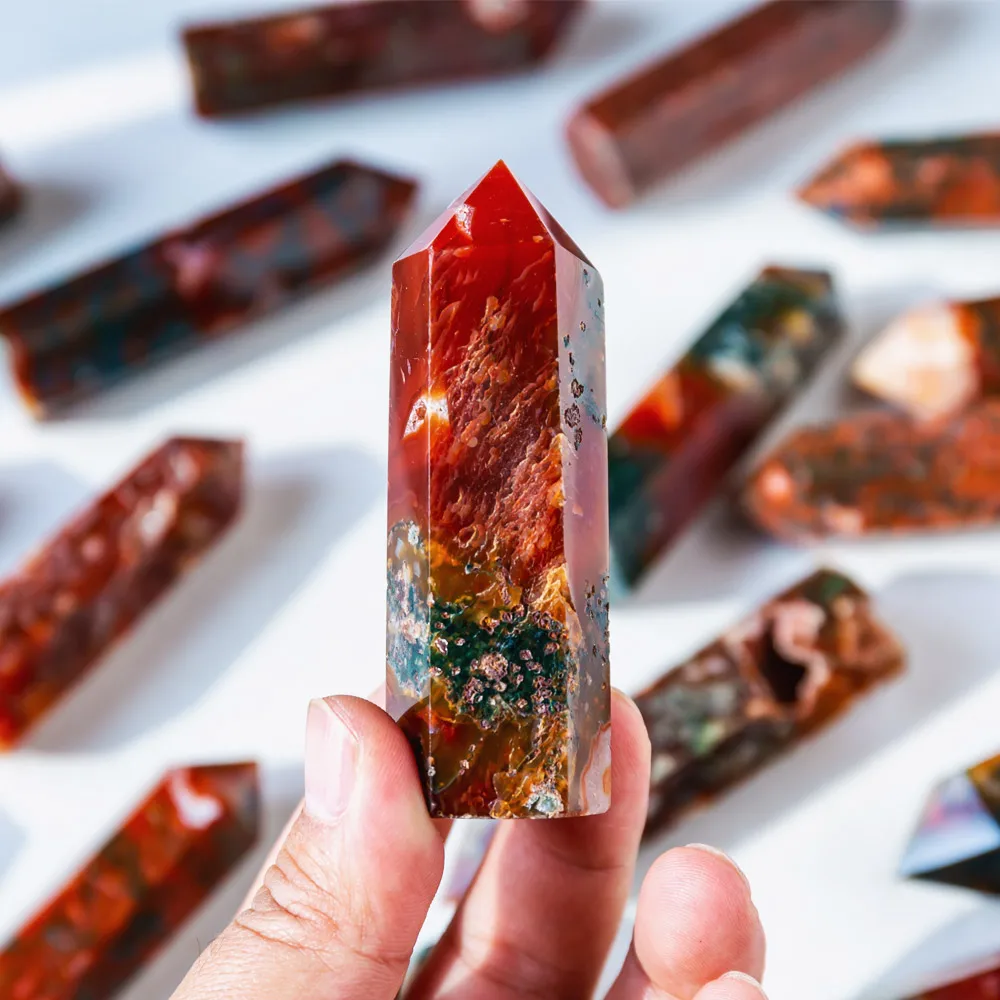 Wholesale high quality reiki gemstone natural red moss agate point quartz crystal wand folk crafts