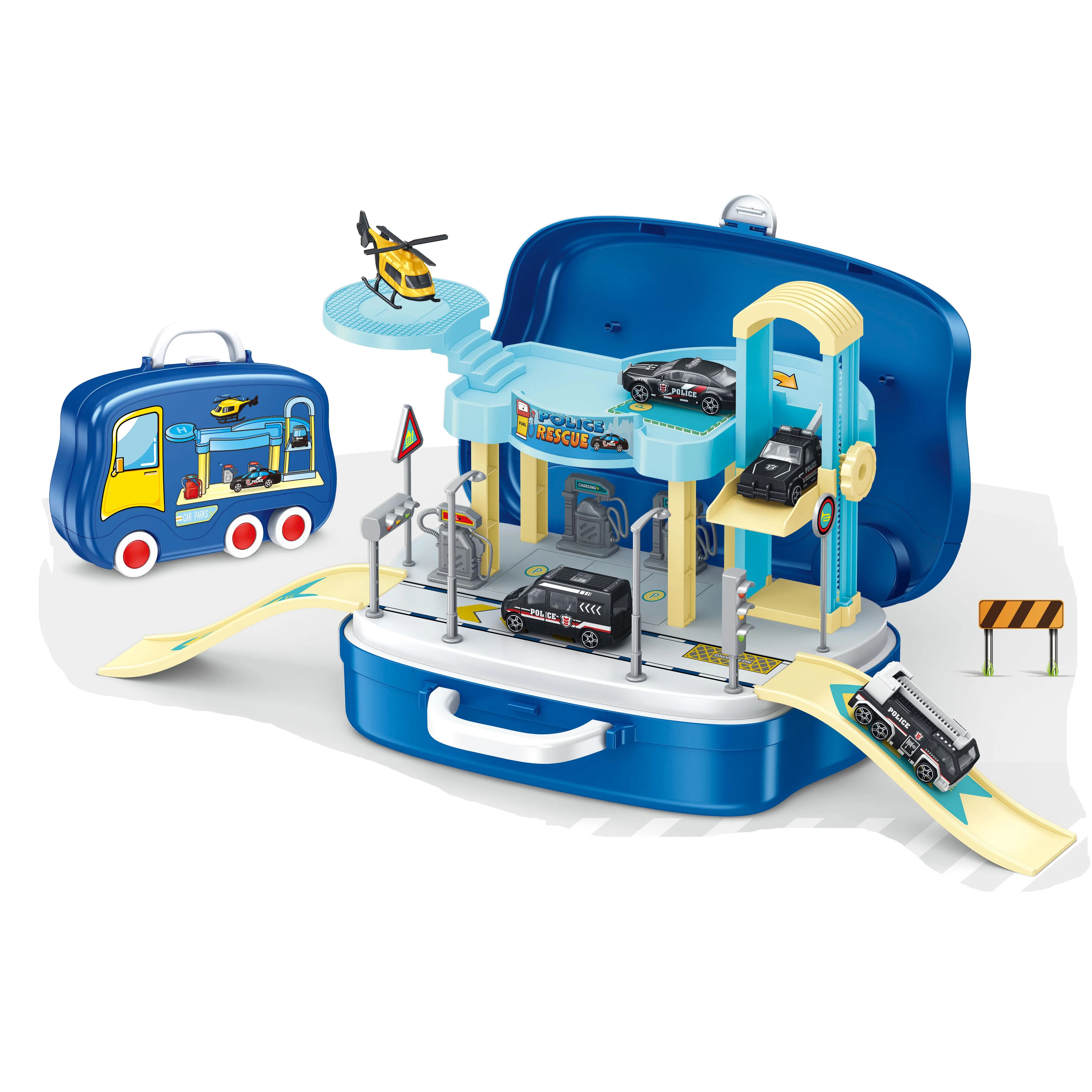 XINYU Parking Lot Track Set Police Fire Fighting Engineering Racing Alloy Metal Cars Slot Toys