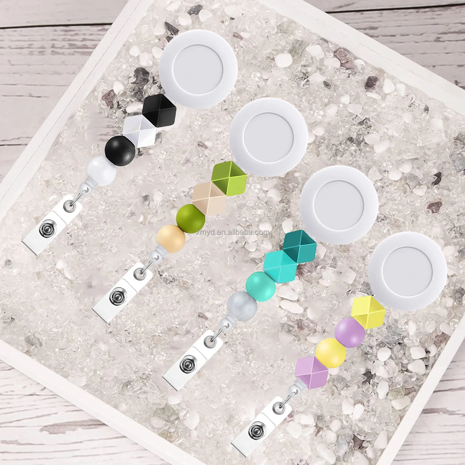 Silicone Beads ABS Round Badge Holder Sublimation Blank Pull Reel Badge with Rotary Alligator Clip For Name Card