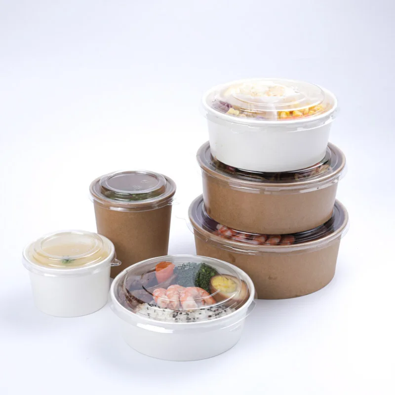 Одноразовый стакан для супа из крафт-бумаги, Салатница с бумажной крышкой, биоразлагаемый контейнер для еды в продаже