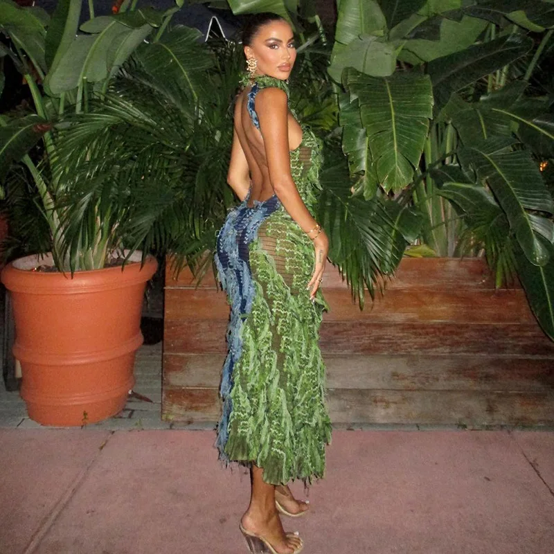 new sexy party dresses high neck sleeveless tassel maxi standard slimming long dress