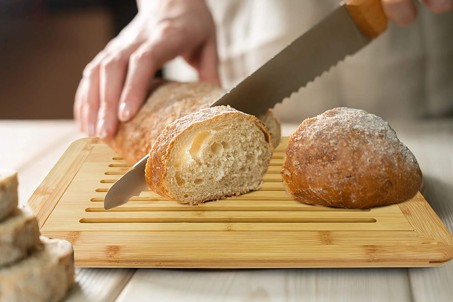 Organic Bamboo Slotted Bread Cutting Board with Removable Crumb Catcher