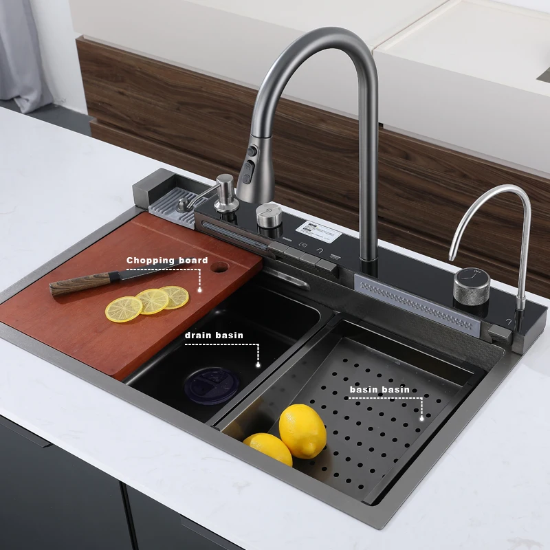 Tiktok Handmade SUS 304 LED Digital Black Gun-grey Stainless Steel Waterfall Smart Multi function Kitchen Sink