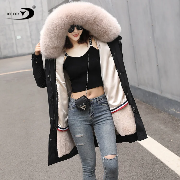 2020 New Style Popular Beige Long Warm Women Real Fur Jacket Fur Parka with Hooded